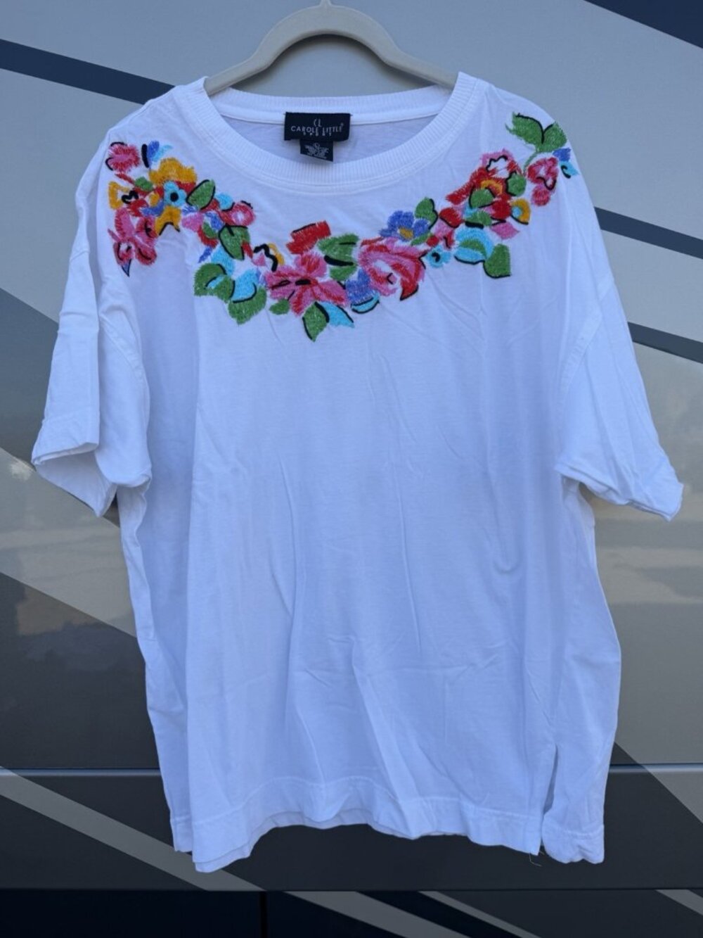 Vintage 90s Carole Little white floral boho cottage embroidered tshirt L retro